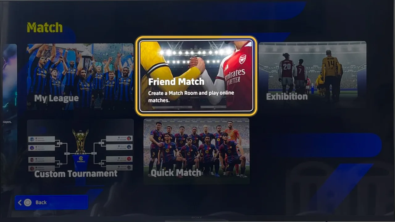 eFootball screen, step 1: Go to Match → Friend Match