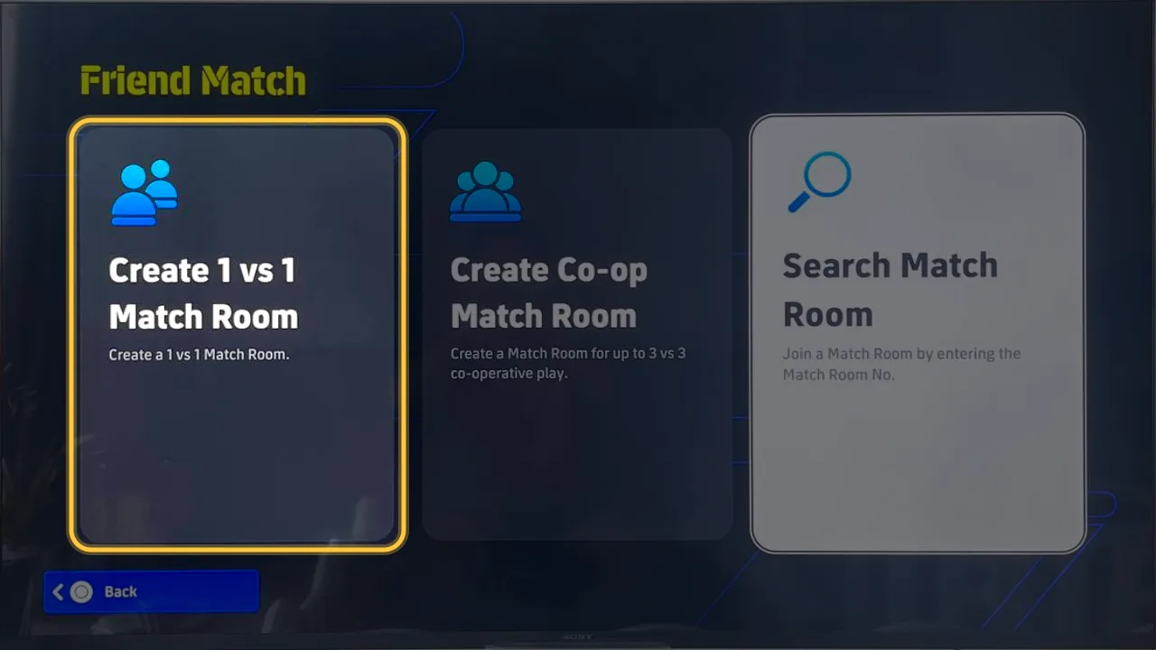eFootball screen, step 2: Pick Create 1 vs 1 Match Room