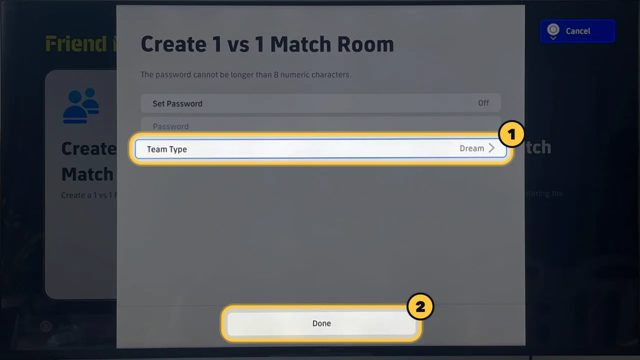 eFootball screen, step 3: Set Team Type, then press Done