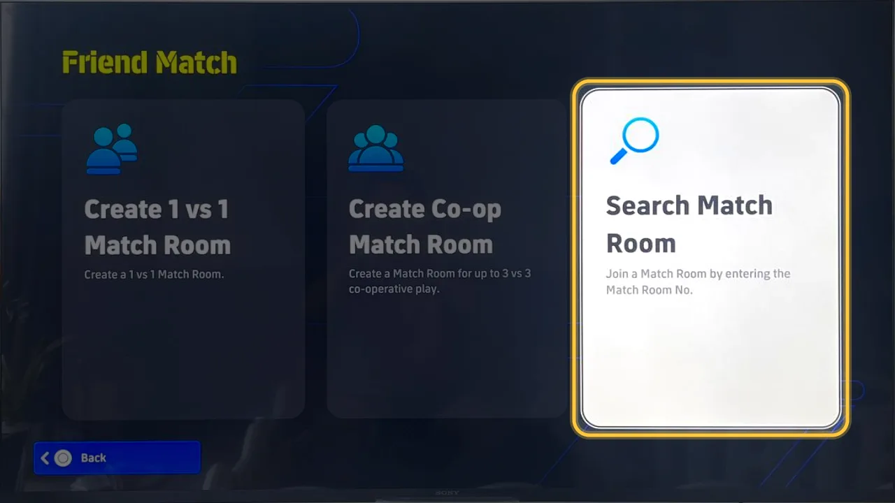 eFootball screen, step 2: Pick Search Match Room