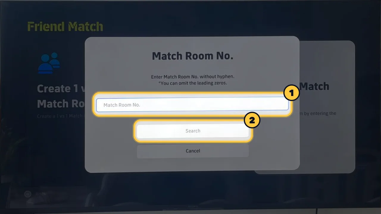 eFootball screen, step 3: Enter the room number and press Search