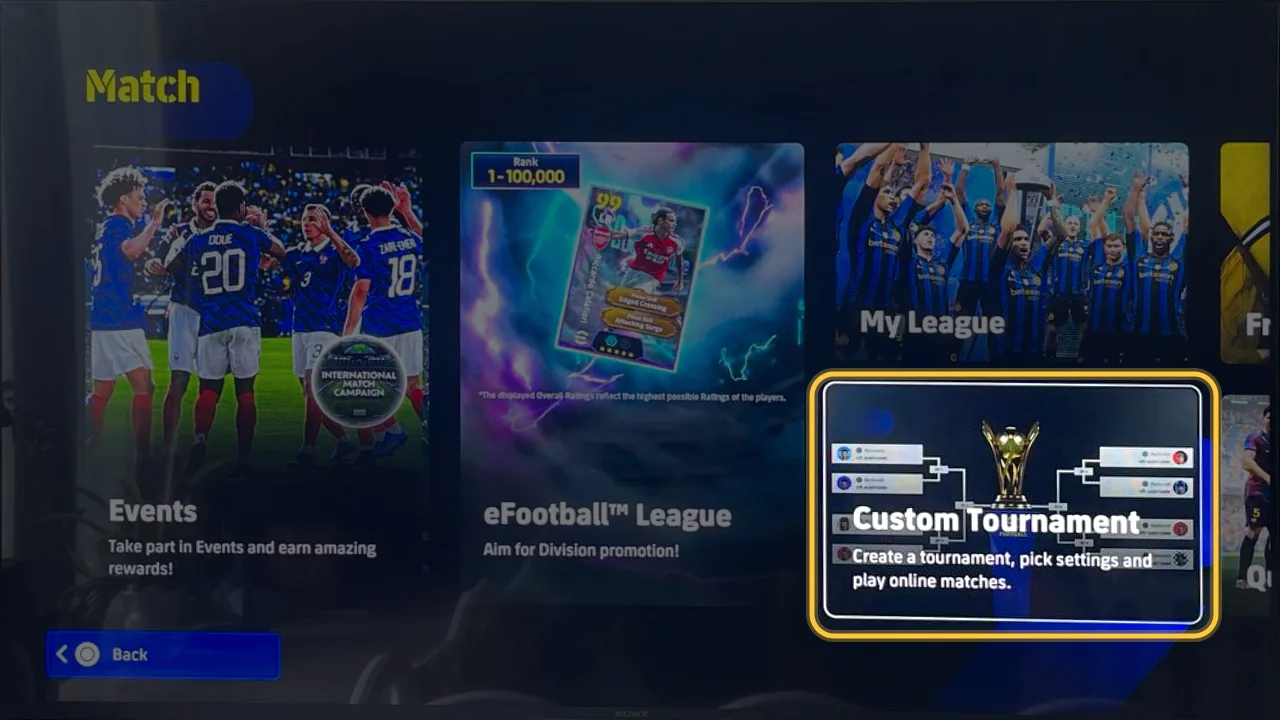 หน้าจอ eFootball ขั้นที่ 1: ไปที่ Match → Custom Tournament